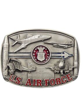 US Air Force Belt Buckle 1991 Pewter Red Silver Aviation Military Vintage USAF